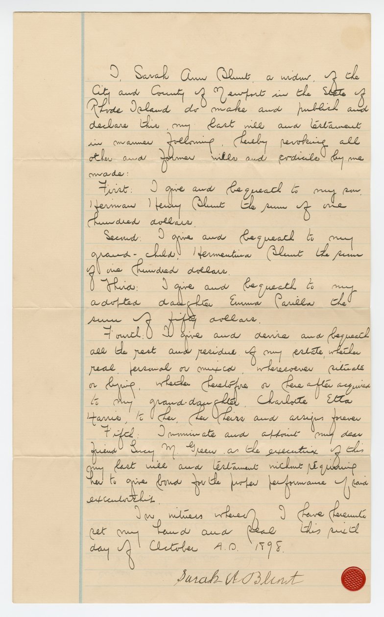 Sarah Ann Blunt Crozleys sidste testamente, oktober 1898. af Sarah Ann Blunt Crozley
