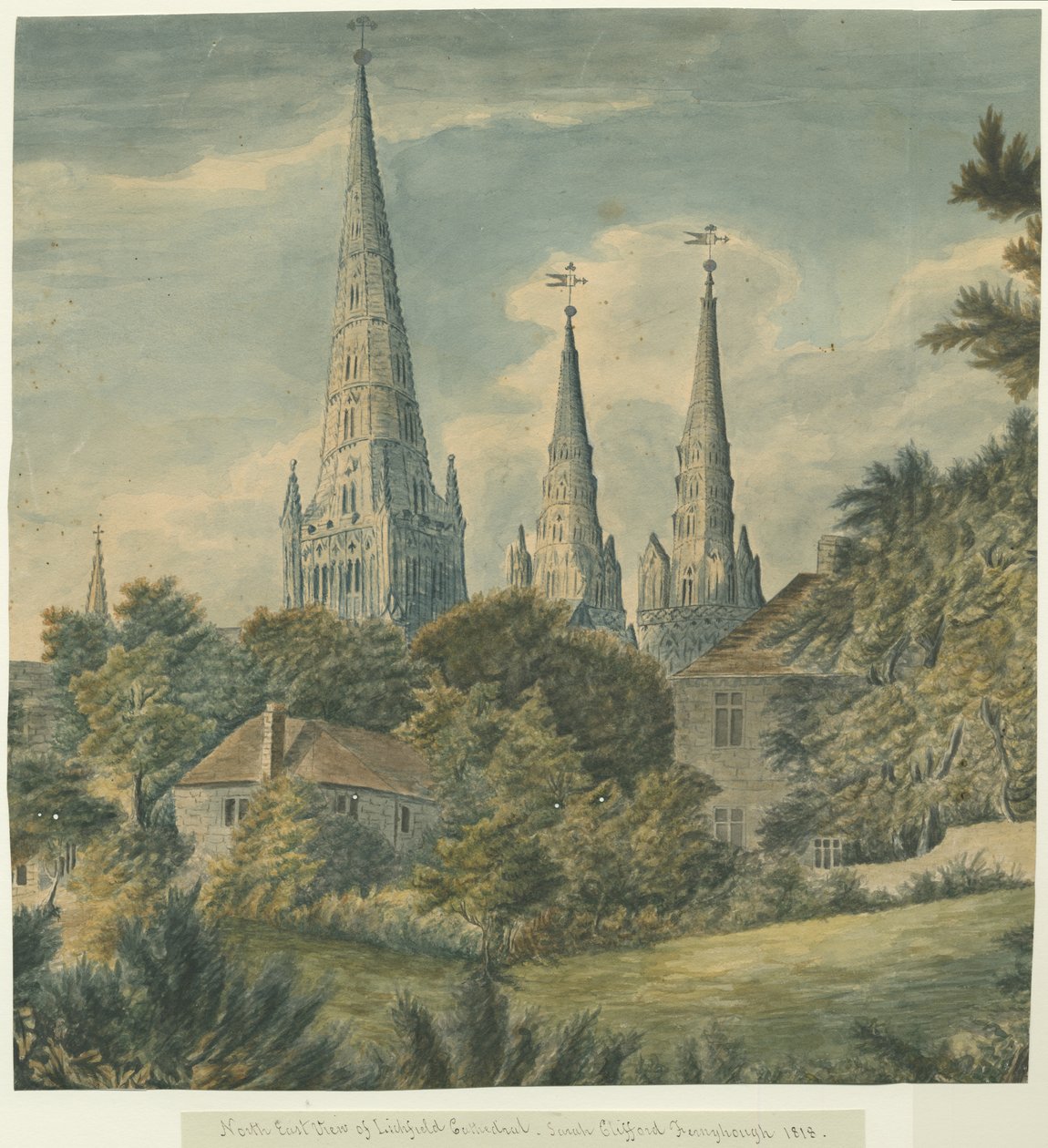Lichfield Cathedral - North East View: vandfarvemaleri, 1818 af Sarah Clifford Fernyhough