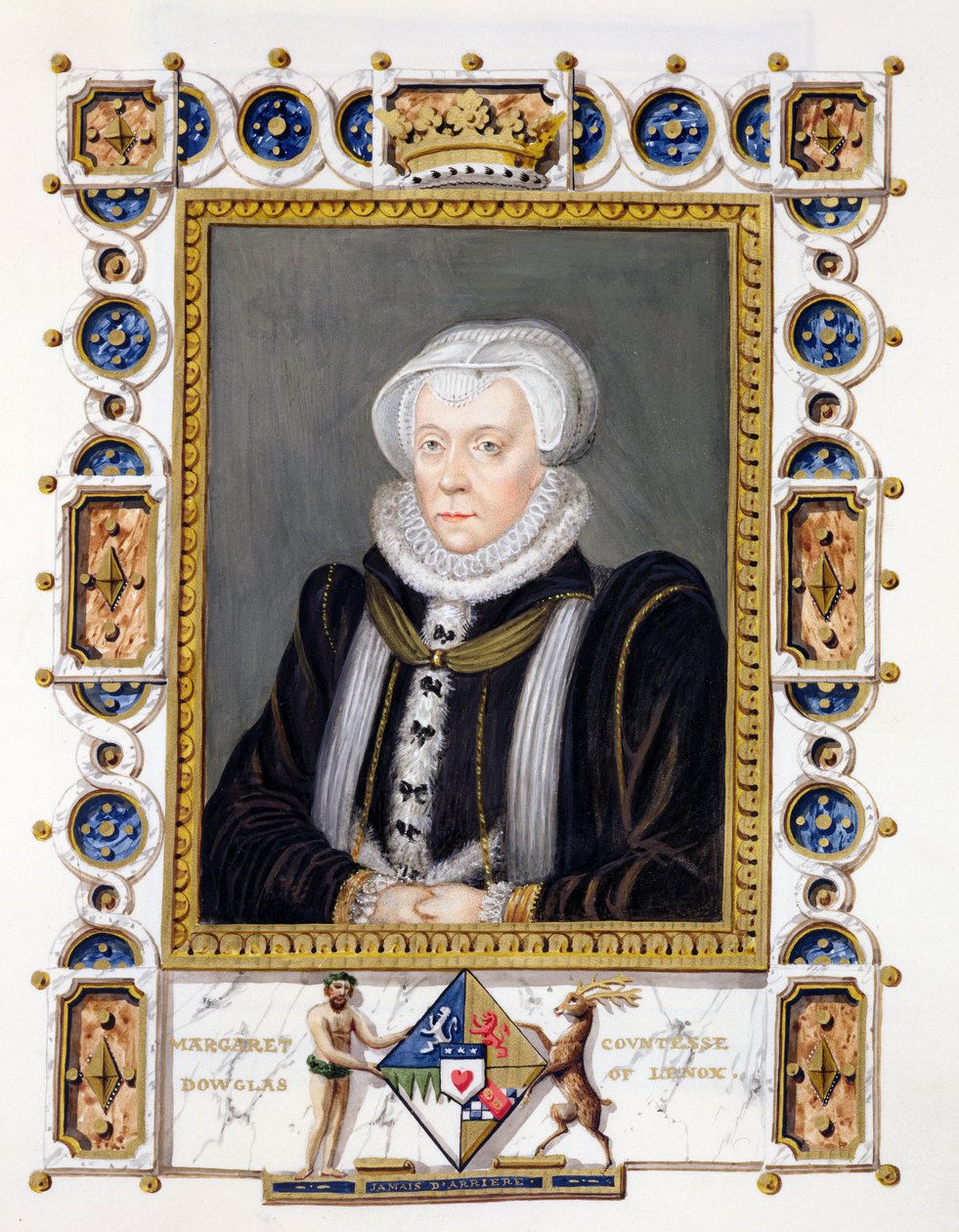 Portræt af Margaret Douglas (1515-78), grevinde af Lennox, fra "Memoirs of the Court of the Queen Elizabeth of Queen Elizabeth", udgivet i 1825 (wc og gouache på papir) af Sarah Countess of Essex