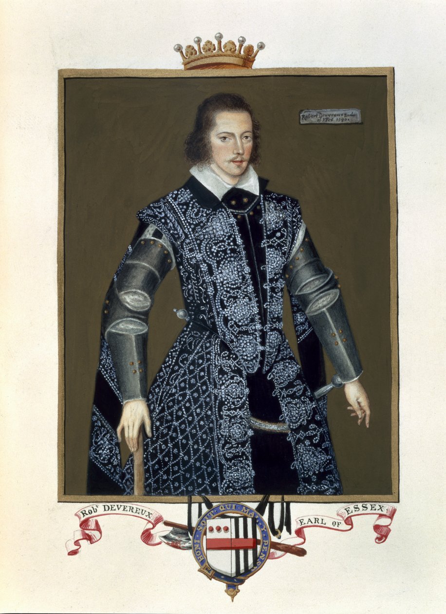 Portræt af Robert Devereux (1566-1601) 2. jarl af Essex fra Memoirs of the Court of Queen Elizabeth efter olien af Sir William Segar (fl.1913-d.1633) udgivet i 1825 (wc og gouache på papir) af Sarah Countess of Essex