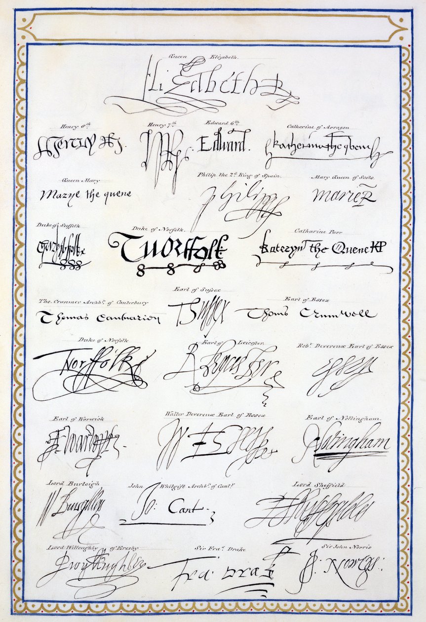 Reproduktion af Tudors og deres hofters signaturer fra "Memoirs of the Court of Queen Elizabeth", udgivet i 1825 (pen og blæk på papir) af Sarah Countess of Essex