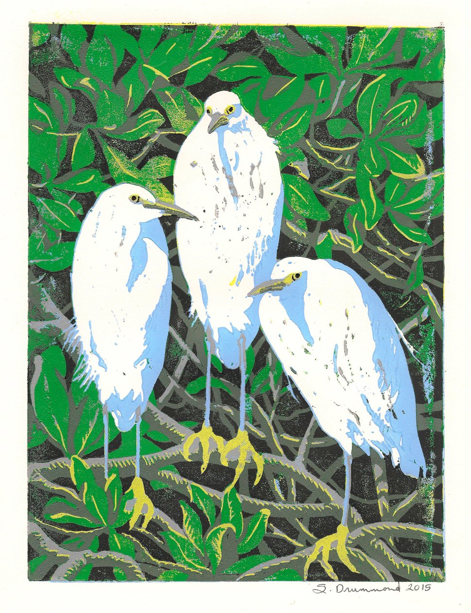 Trio, 2015 (linoleumssnit) af Sarah Drummond