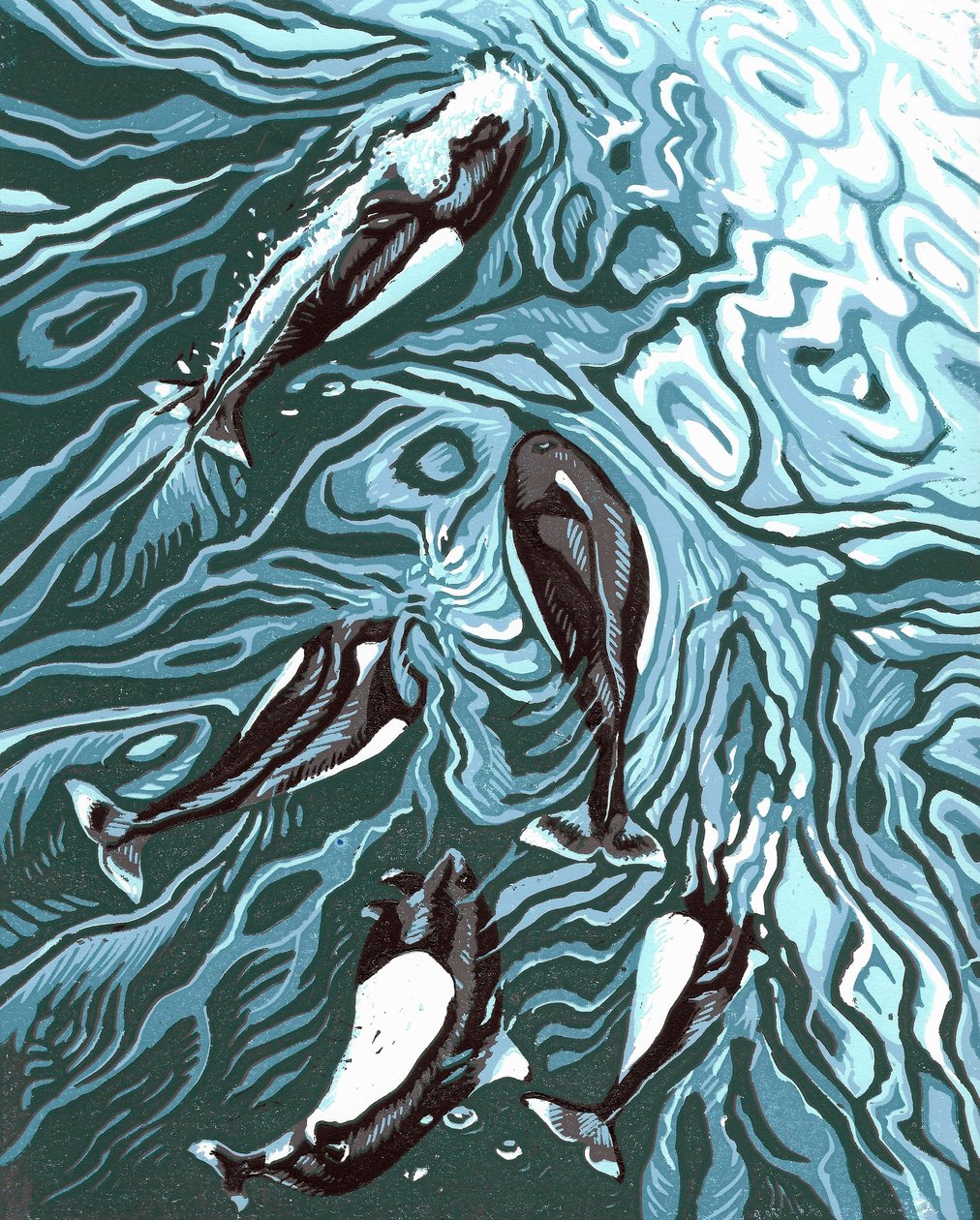 Wake Riders, 2016 (linoleumssnit) af Sarah Drummond