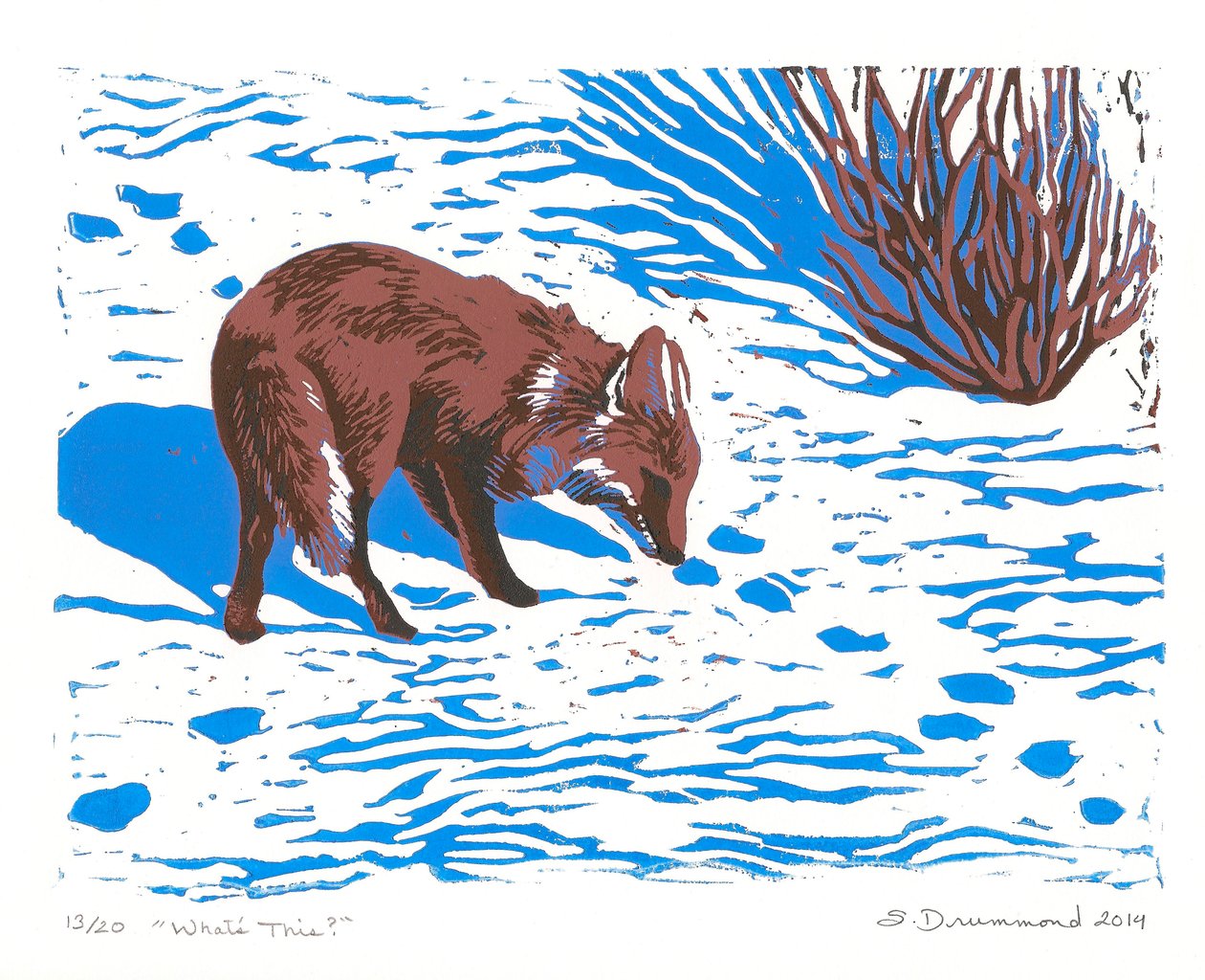 Hvad er det her, 2014 (linoleumssnit) af Sarah Drummond