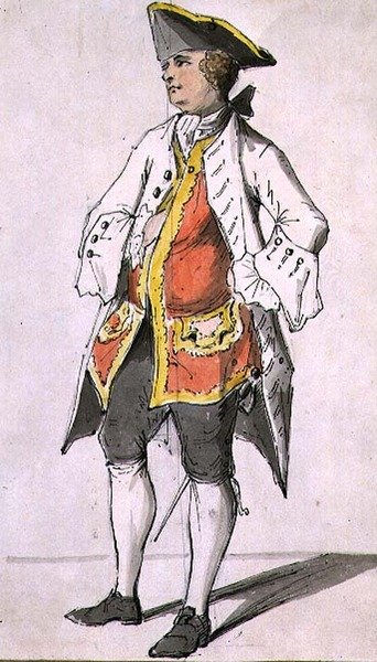 En herre i en tricorn hat, fra et album med figurstudier, midten af 1700-tallet (pen & blæk med akvarel) af Sarah Hamilton