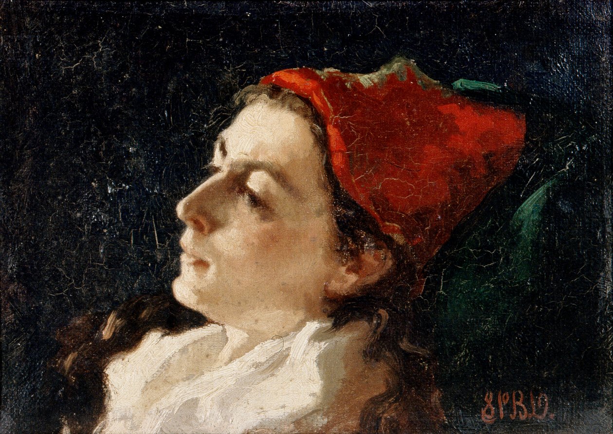 Head of a Woman in a Red Cap (olie på lærred) af Sarah Paxton Ball Dodson