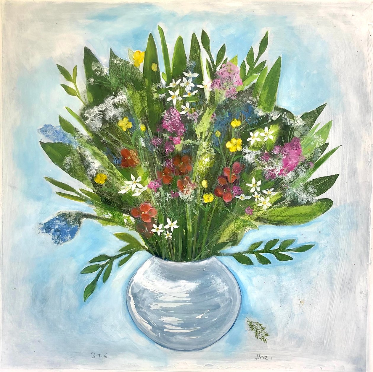 Rund vase, 2021 (akryl på bord) af Sarah Thompson Engels