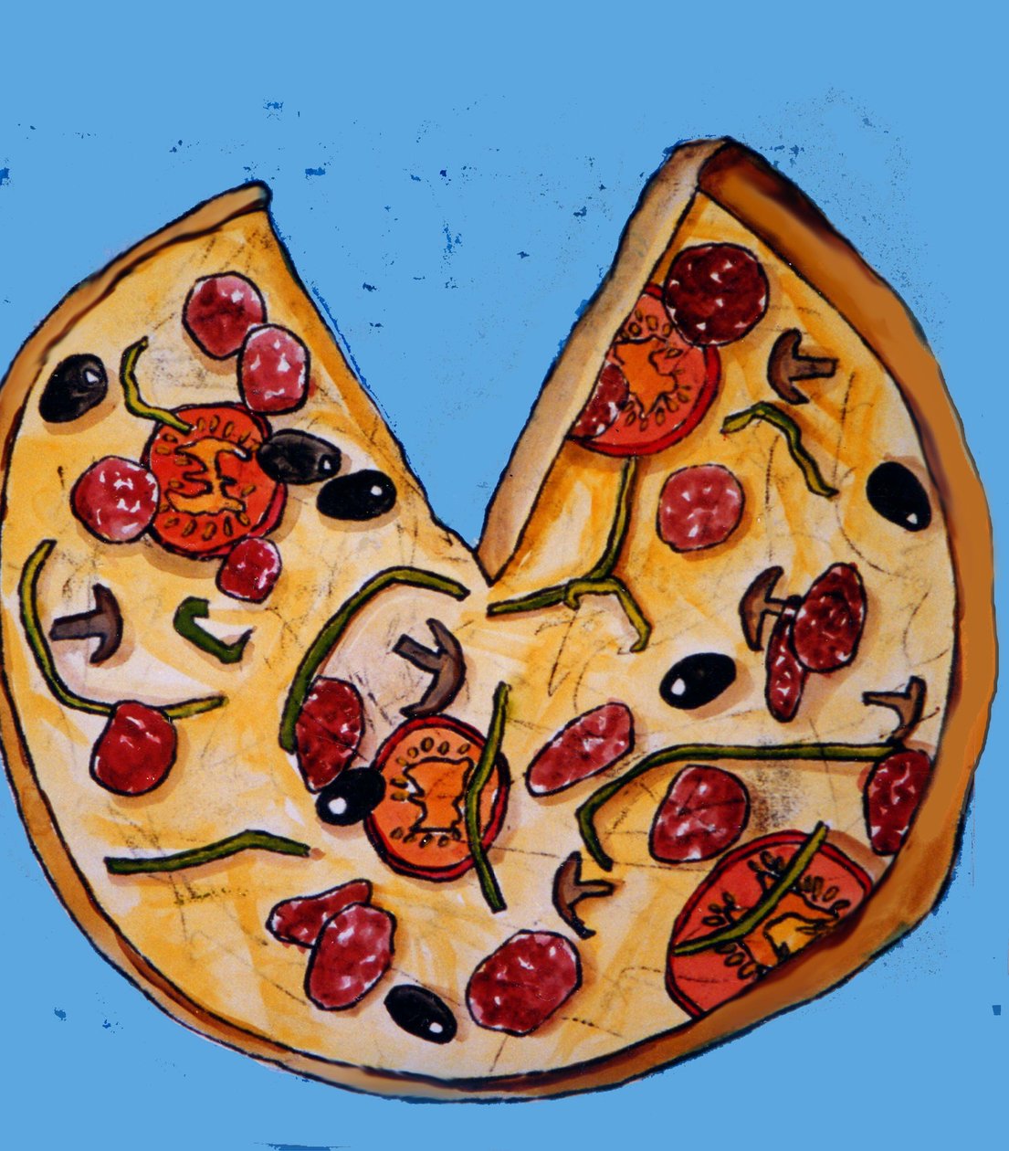 Pizza, 2017, (monoprint med blæk) af Sarah Thompson Engels