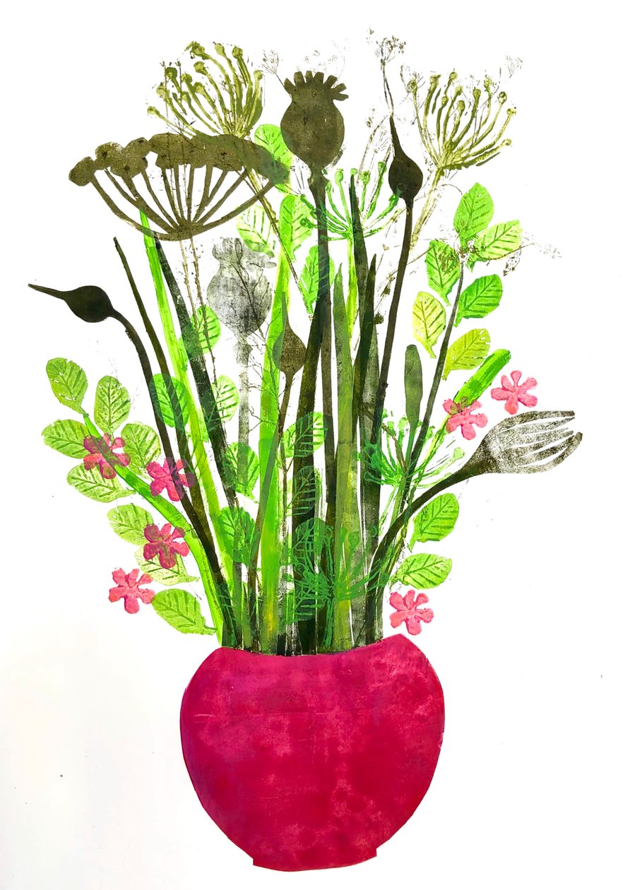 Rød vase 2, 2021 (monoprint) af Sarah Thompson Engels