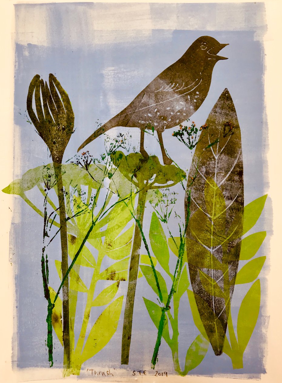 Syngende fugl, 2020, (monoprint) af Sarah Thompson Engels