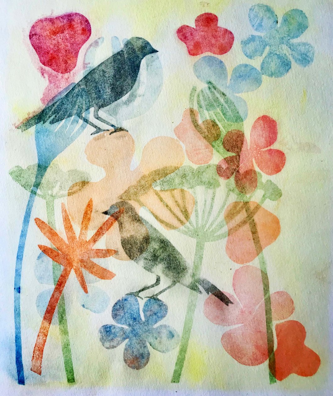 To fugle og blomster, 2019 (blæk monoprint) af Sarah Thompson Engels