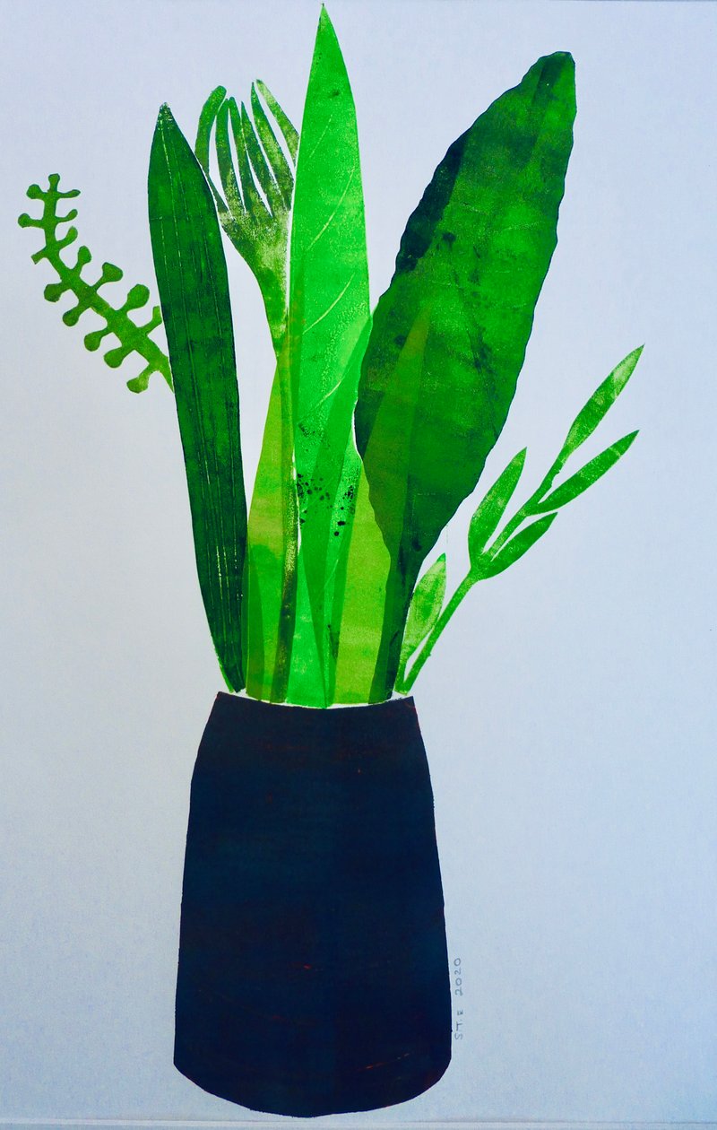 Vase med blade (monoprint på papir) 2020 af Sarah Thompson Engels