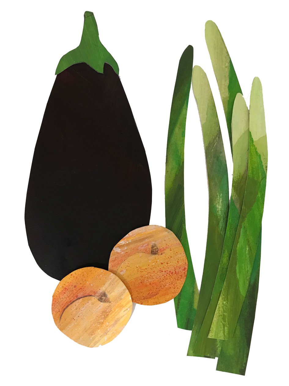 asparges, abrikoser, aubergine, 2019 (collage) af Sarah Thompson Engels