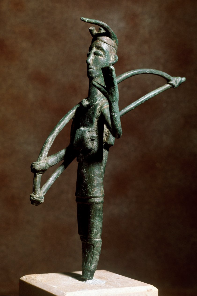 Nuragisk kultur (nuraghi) sardinsk: bronzebueskyttestatuette. 8.-7. århundrede f.Kr. Cagliari, Nationalt Arkæologisk Museum, Sardinien, Italien af Sardinia Nuragic Civilization