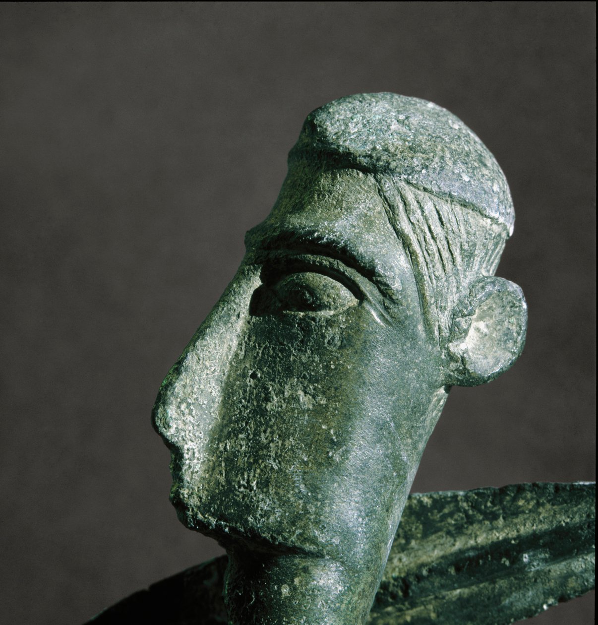 Nuragisk kultur (nuraghi) sardinsk: krigerhoved af bronze. 8.-7. århundrede f.Kr. Cagliari, Nationalt Arkæologisk Museum, Sardinien, Italien af Sardinia Nuragic Civilization
