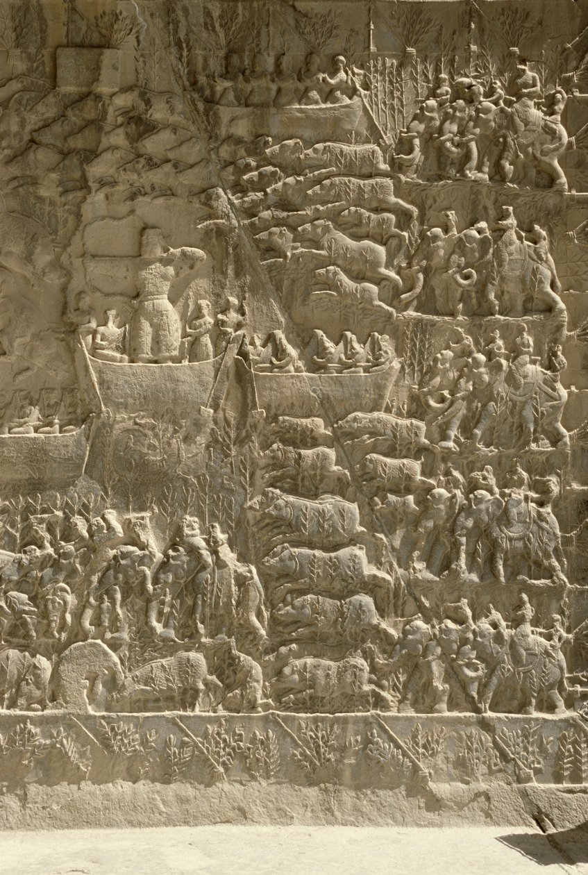 En kongelig ornejagt, muligvis forestillende Khosrow II, der skyder en pil fra en båd, relief fra siden af avanerne, ca. 620 af Sasanian School