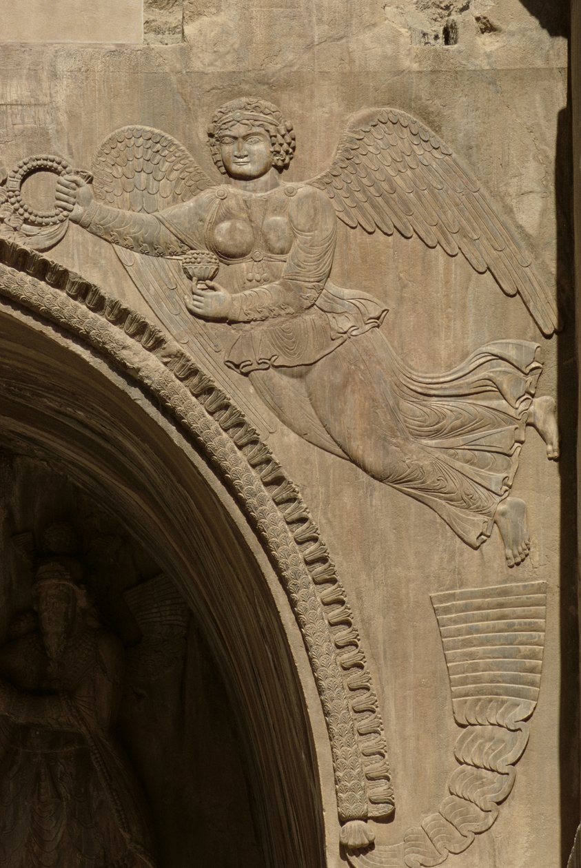 Geni holder en skål med frugt, der symboliserer overflod, fra en flyver, 590-628 af Sasanian School