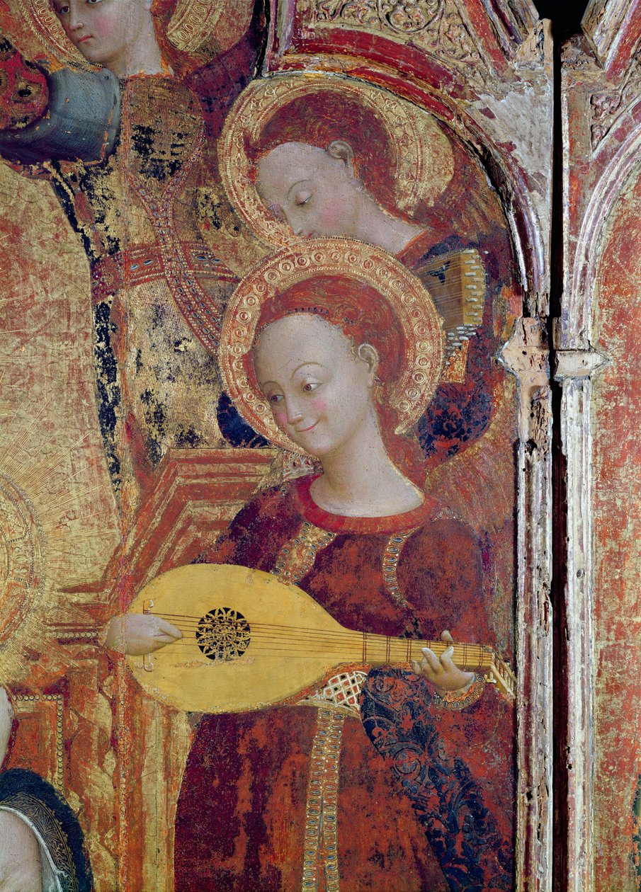 Detalje af englemusikanter fra et maleri af Jomfruen og barnet omgivet af seks engle, 1437-44 (olie og guld på træ) af Stefano Sassetta