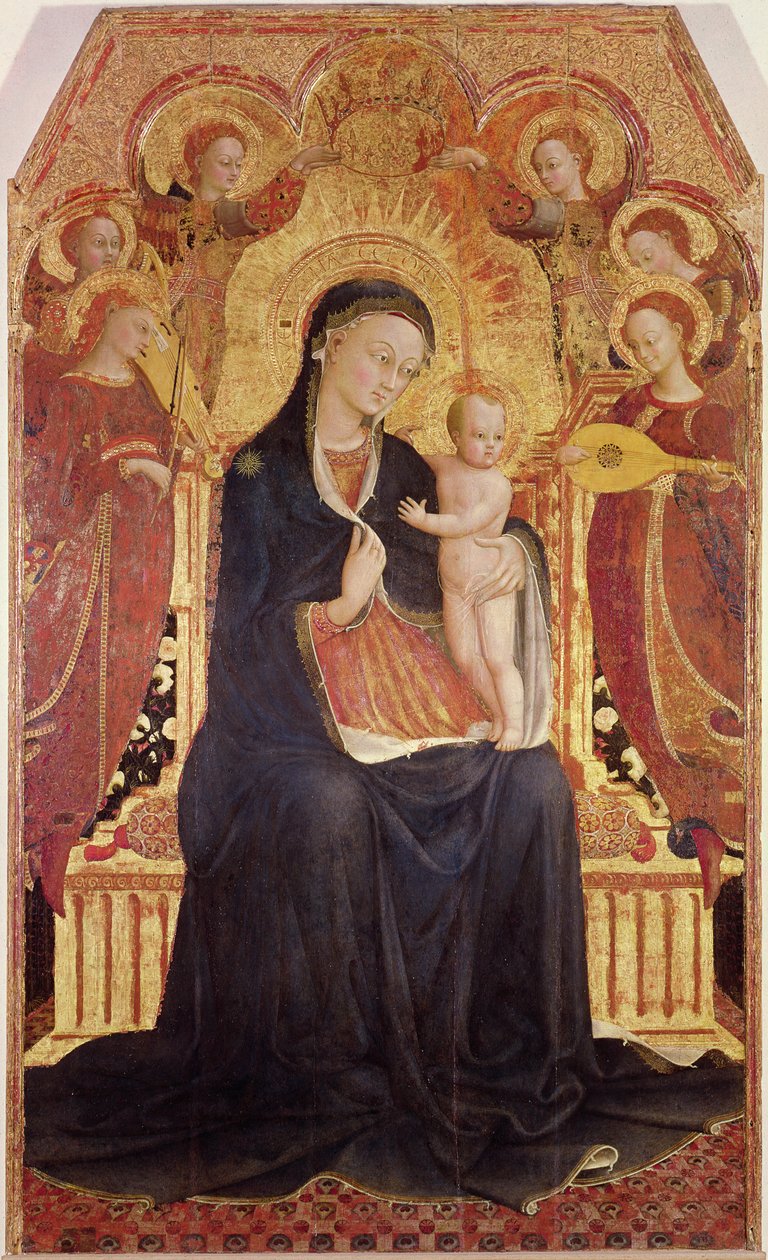 Madonna og barn på tronen med seks engle, midterpanel fra en altertavle, 1437-44 (detalje af 95743) af Stefano Sassetta
