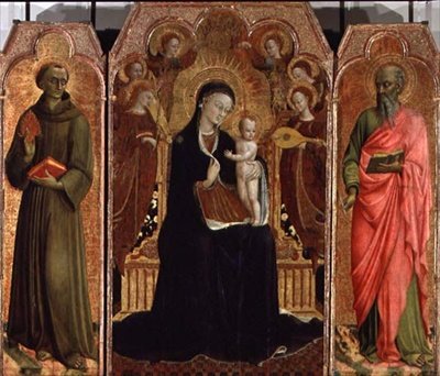 Madonna og barn troner med seks engle, SS. Anthony af Padua og Johannes evangelisten, 1437-44 (se 95744 for predella) af Sassetta c.1392-1450 Sassetta c.1392-1450