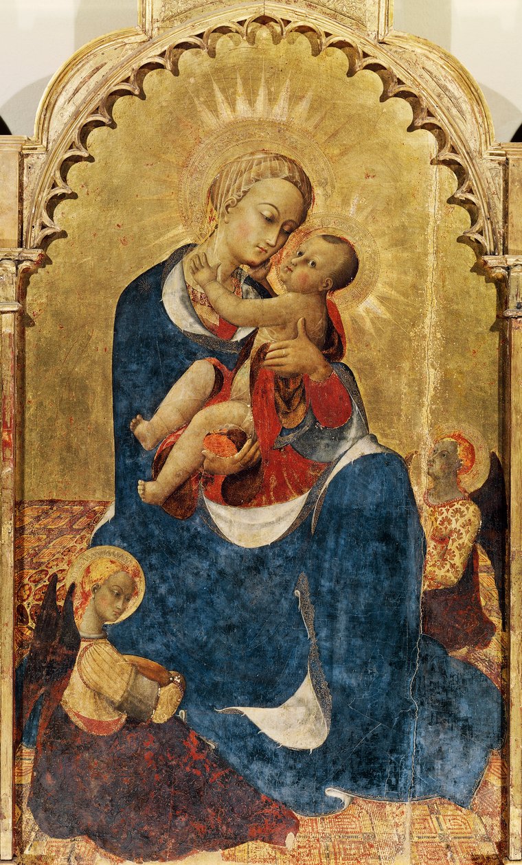 Madonna og barn, midterpanel af altertavle af St. Dominic af Cortona, ca. 1434, af Sassetta (ca. 1400-1450), tempera og guld på træ, 52x132 cm af Sassetta (c.1392 1450)