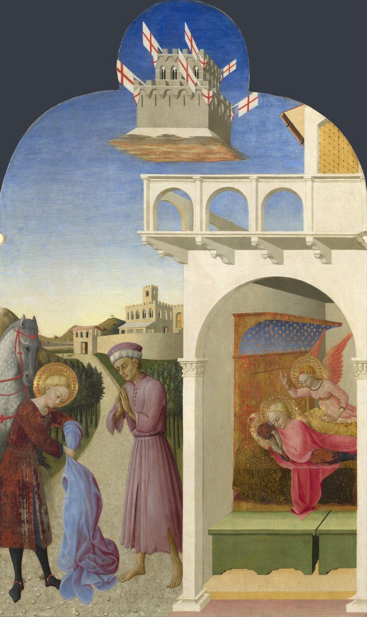 Sankt Frans og den fattige ridder og Fransisk syn fra Borgo del Santo Sepolcro altertavle, 1437-1444 af Sassetta