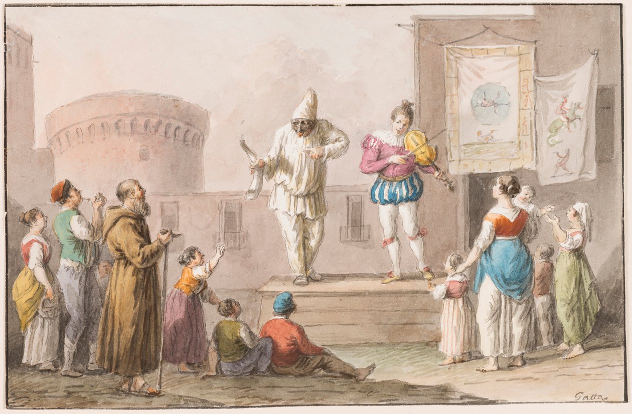 Tegning, vandfarve; Optrædende i en Commedia dell