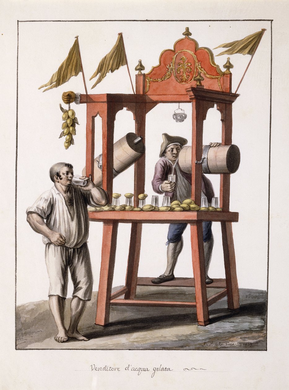 Sælger af Iced Water; og Neopolitan Costume of the Wagon; Frossen Vand Sælger; og Kostume af den napolitanske vogn af Saviero Xavier della Gatta