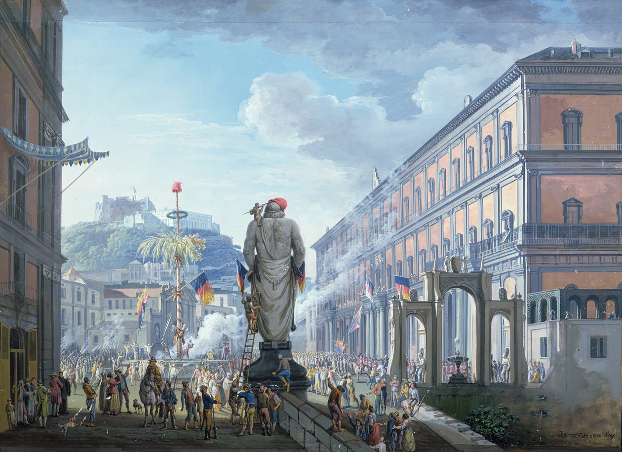 Palazzo Reale, i det øjeblik, hvor Frihedens træ blev fældet, og tropperne i massevis blev ledet af englænderne i 1799, 1800 af Saviero Xavier della Gatta