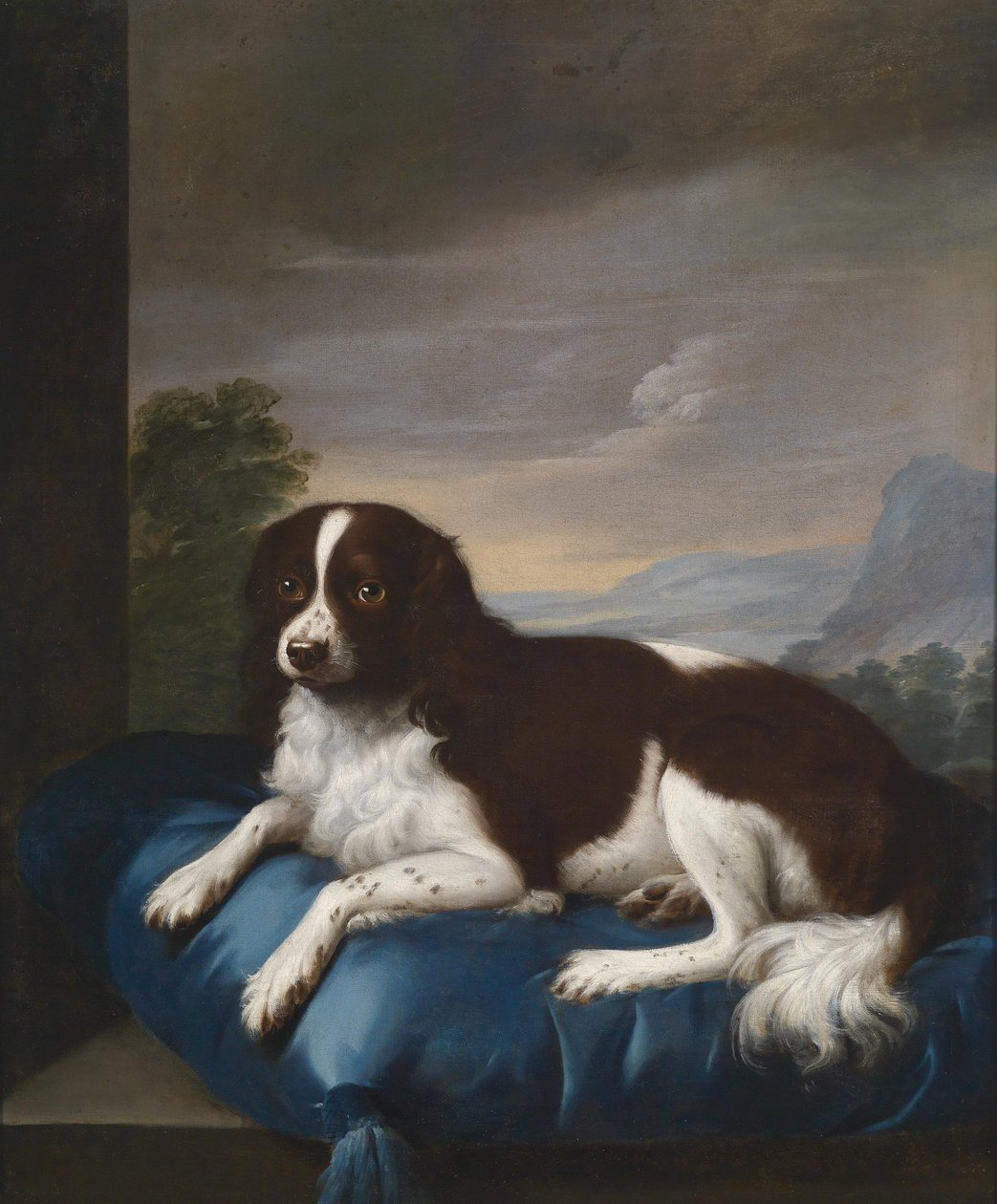 En engelsk springer spaniel på en pude af Sawrey Gilpin