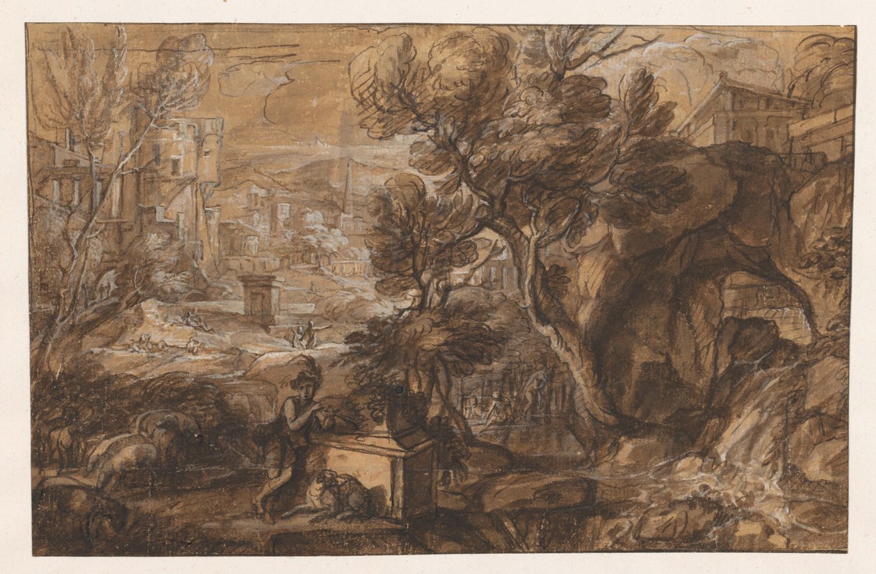 Landskab med en hyrde ved en antik sarkofag af Sébastien Bourdon (attributed to)
