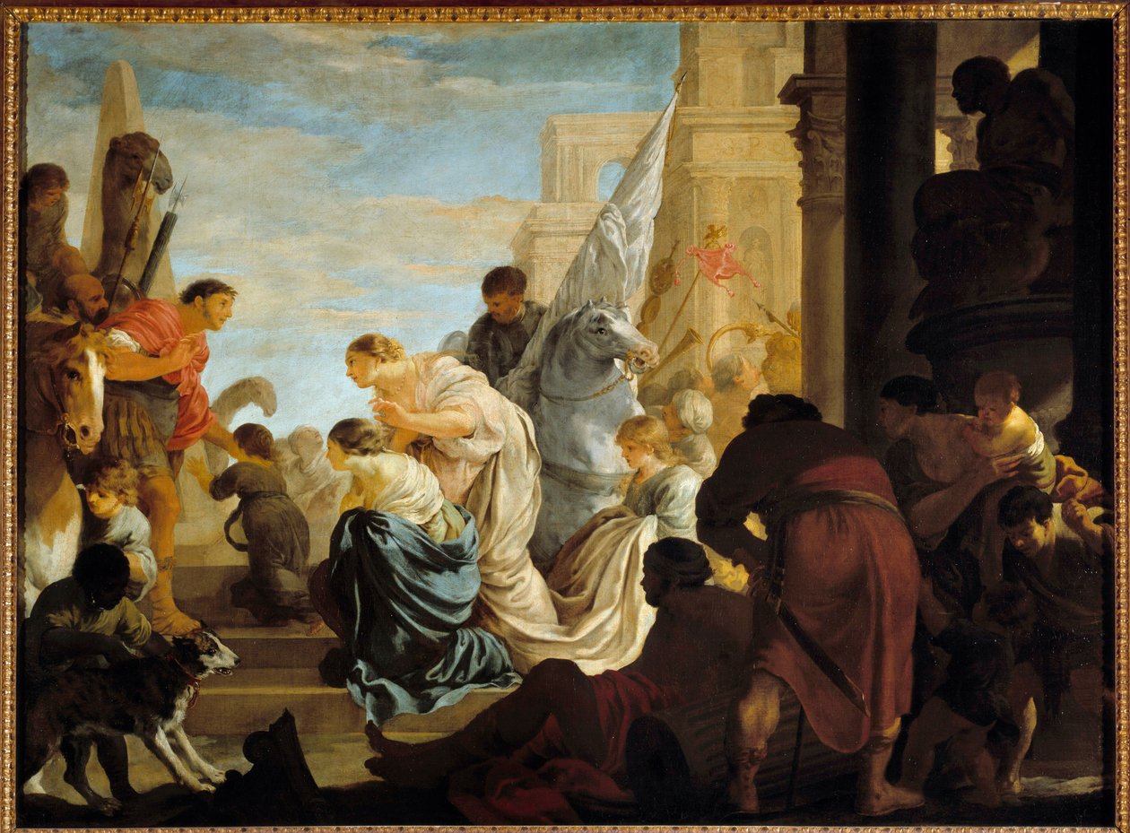 Mødet mellem Antoine og Cleopatre Dronningen af Egypten Cleopatre (79-30 f.Kr.) møder sin kommende elsker Marc Antoine (83-30 f.Kr.) sandsynligvis i Rom. Maleri af Sebastien Bourdon (1616-1671) 1600-tallet søn. 1,45x1,97 m af Sébastien Bourdon