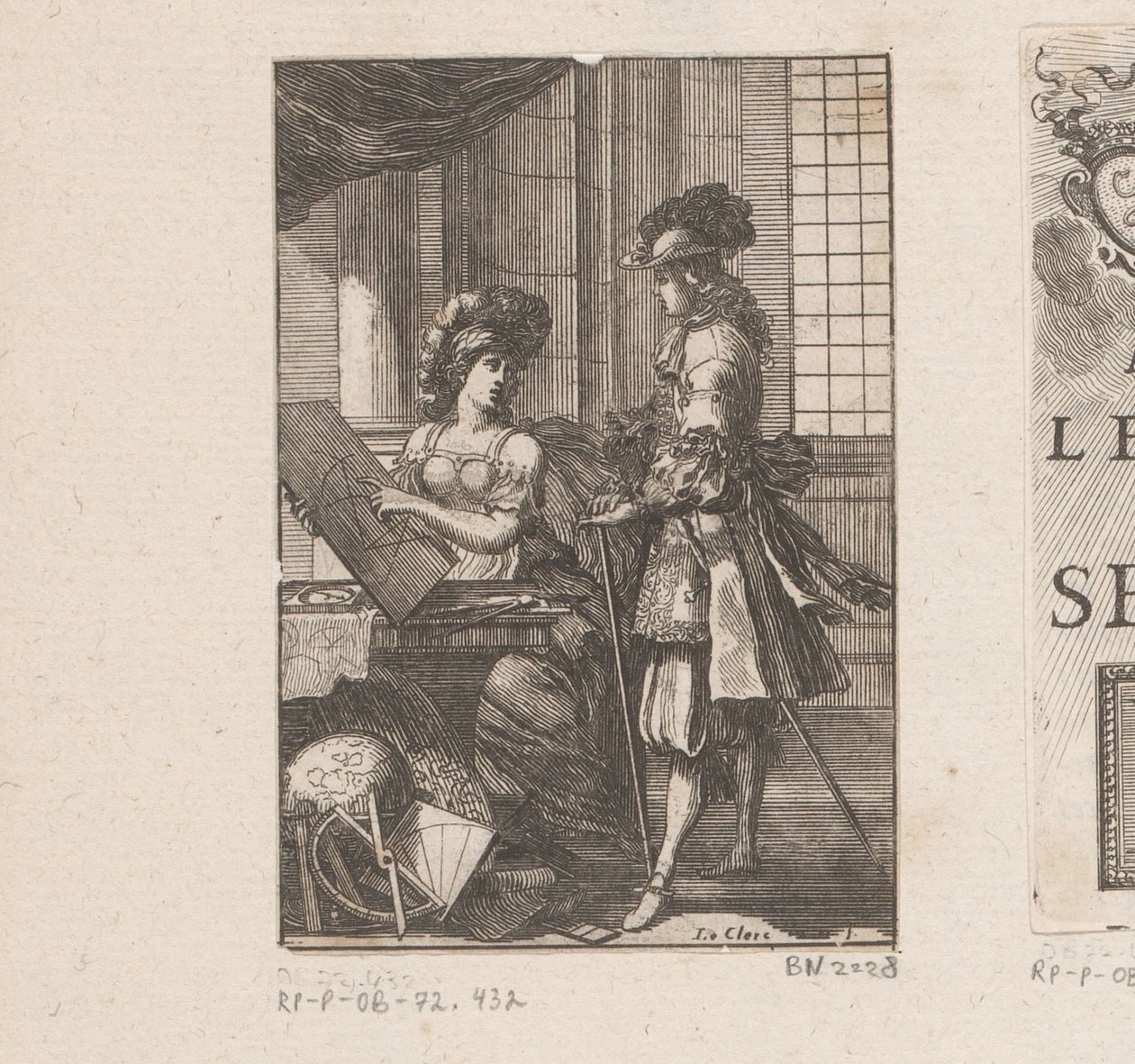 Geometri og ung mand med geometrisk tegning Titelside for: Pratique de la géometrie, sur le papier et sur le terrain (...), 1669 af Sébastien Leclerc (I)
