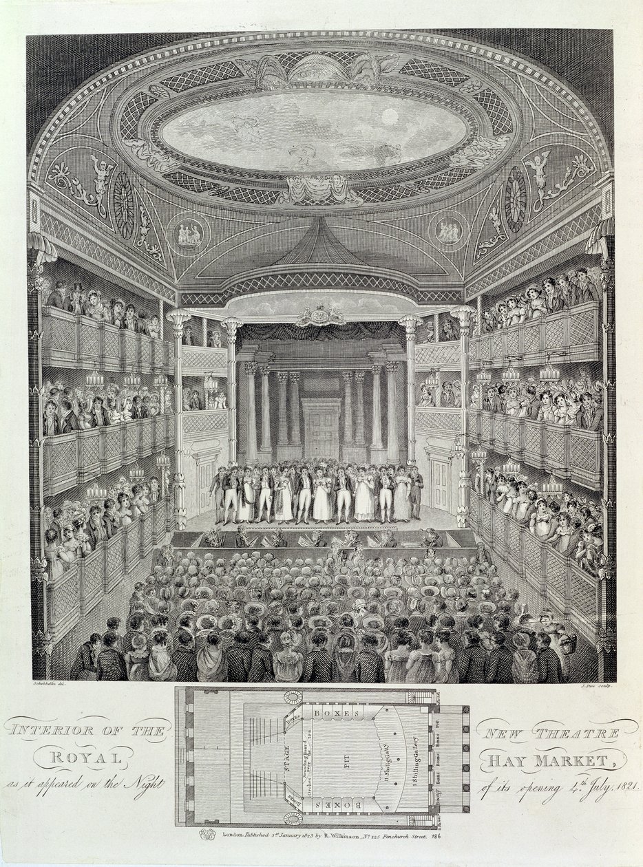 Interiøret i det nye Theatre Royal, Haymarket, som det så ud på åbningsaftenen den 4. juli 1821, graveret af James Stow (ca. 1770-1823), 1823 af Schebbellie