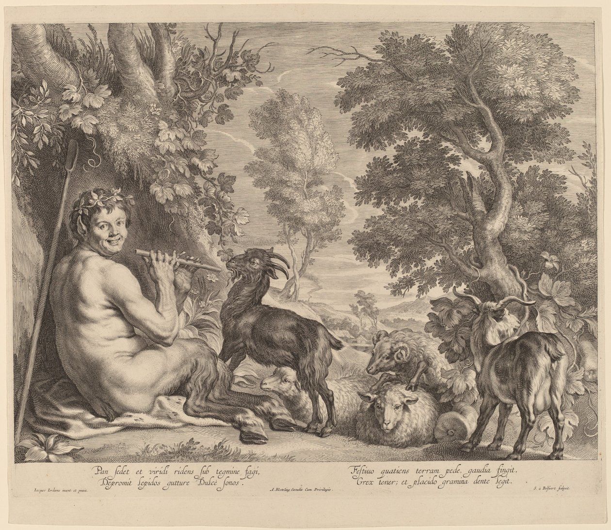 Pan, der spiller fløjte af Schelte Adams Bolswert after Jacob Jordaens