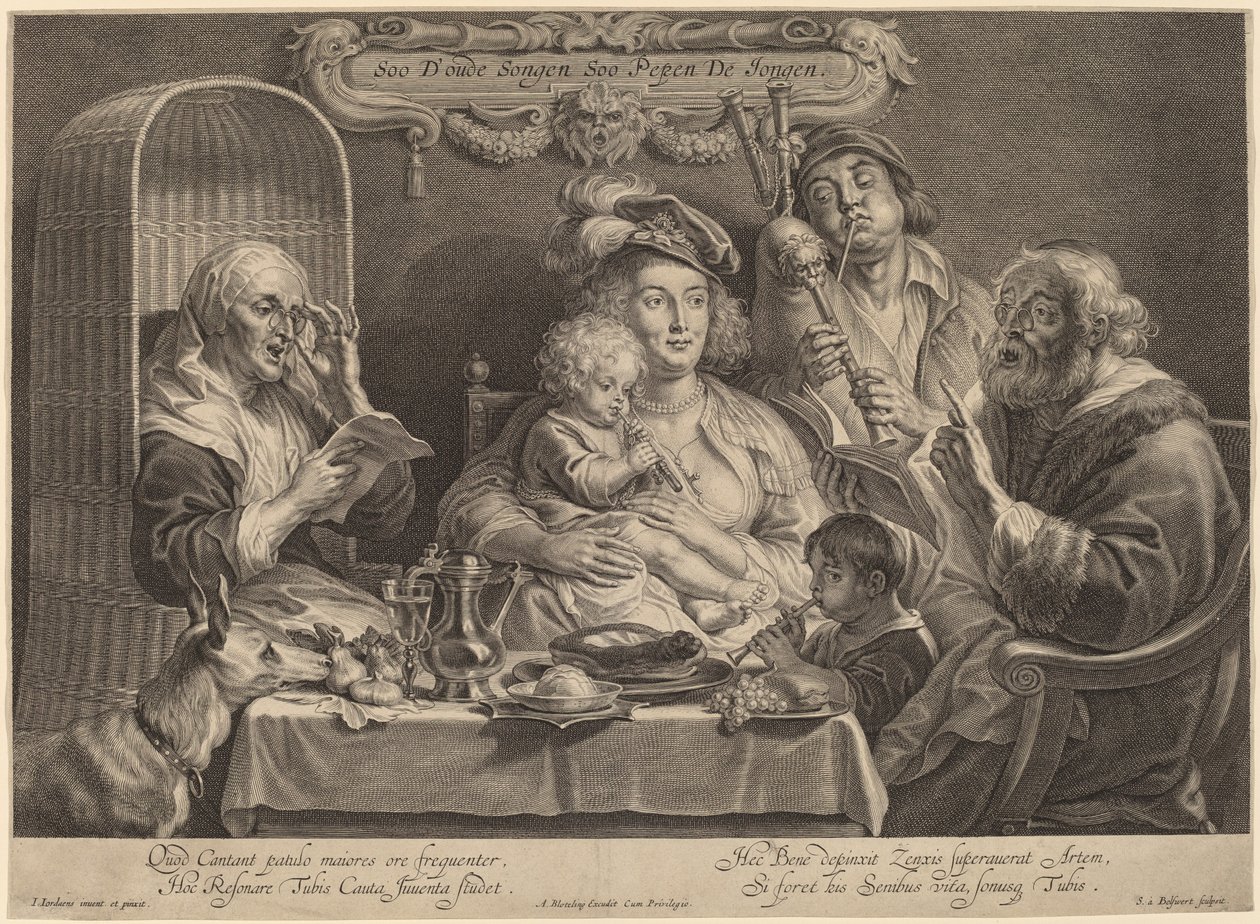 Familiekoncerten (Som de gamle synger, så de unge twitter) af Schelte Adams Bolswert after Jacob Jordaens