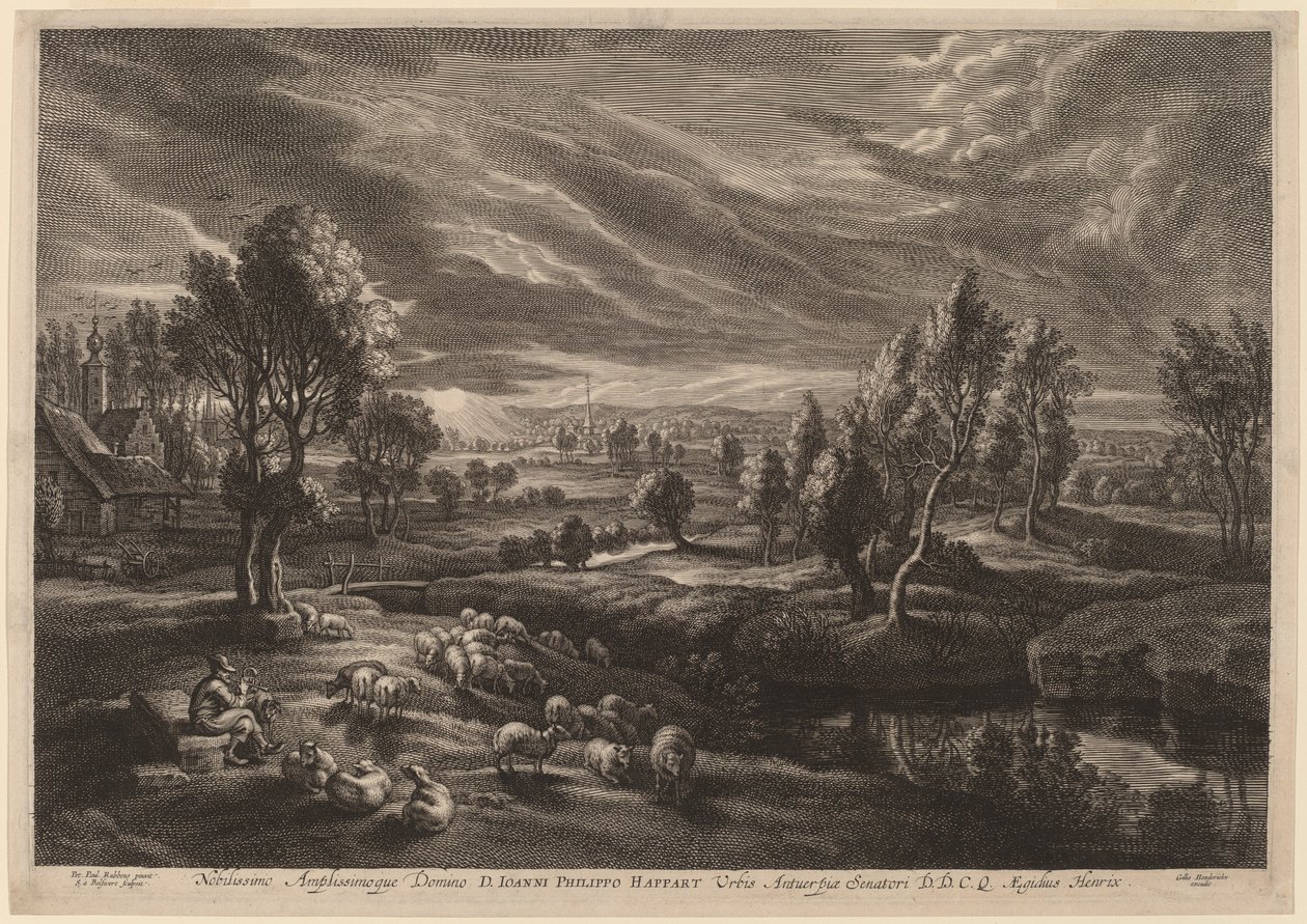 Et landskab med en landsby af Schelte Adams Bolswert after Sir Peter Paul Rubens
