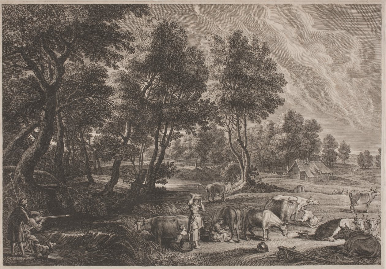 Gårdlandskab med jægere og malkepiger af Schelte Adams Bolswert, after Sir Peter Paul Rubens