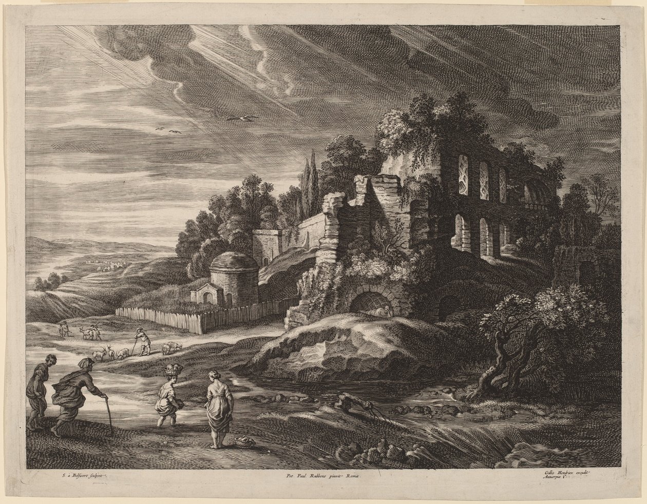 Landskab med store romerske ruiner af Schelte Adams Bolswert after Sir Peter Paul Rubens