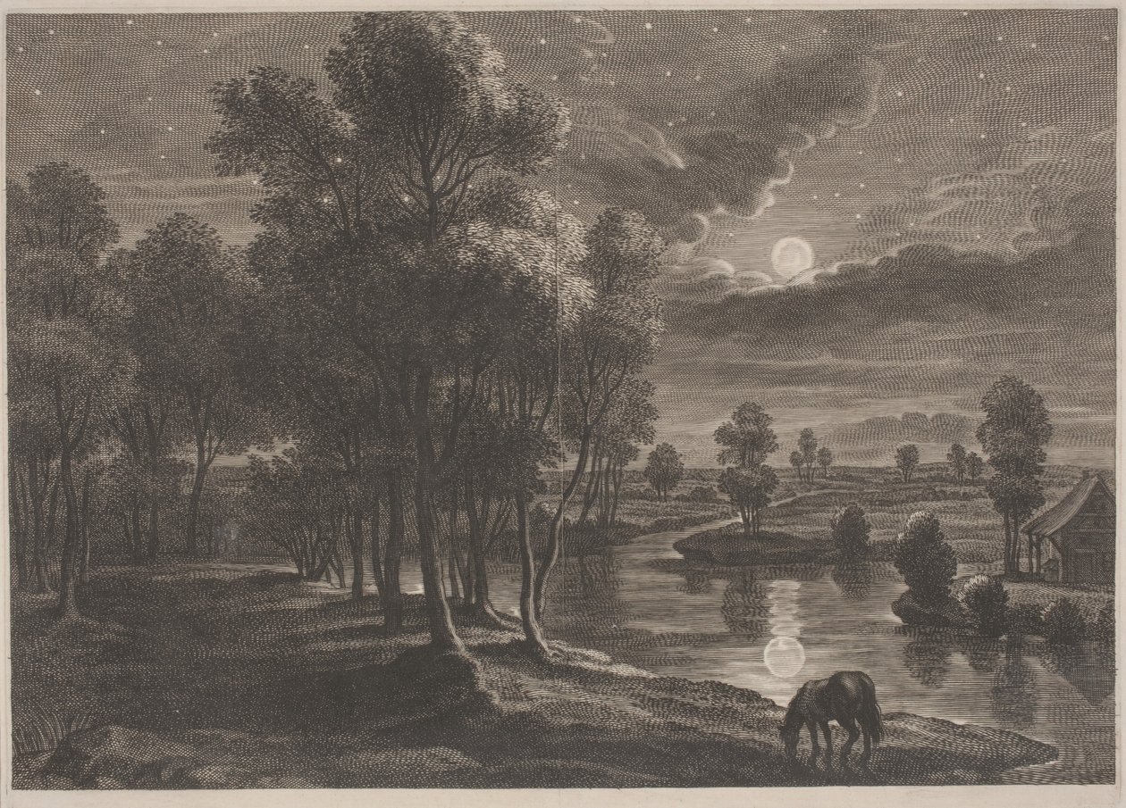 Månebelyst flodlandskab af Schelte Adams Bolswert, after Sir Peter Paul Rubens