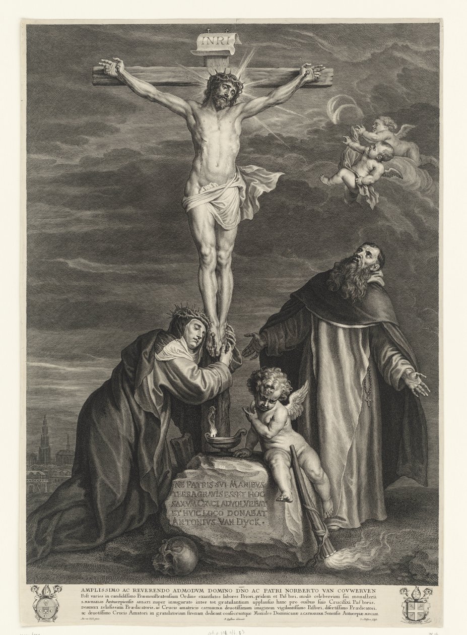 Kristus på korset med de hellige Catherine af Siena og Dominic under korset af Schelte Adamsz. Bolswert
