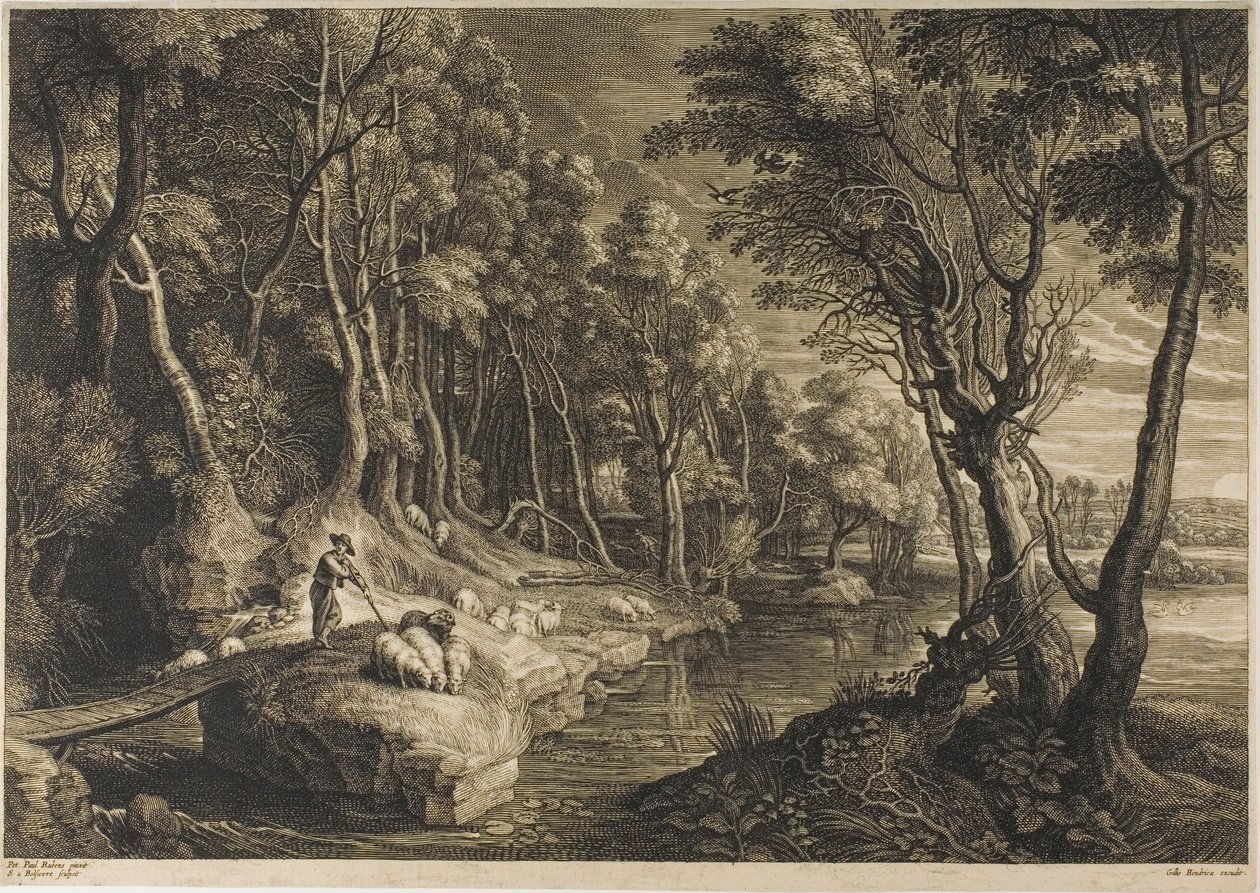 Skov krydset af en bæk, fra De små landskaber af Schelte Adamsz. Bolswert