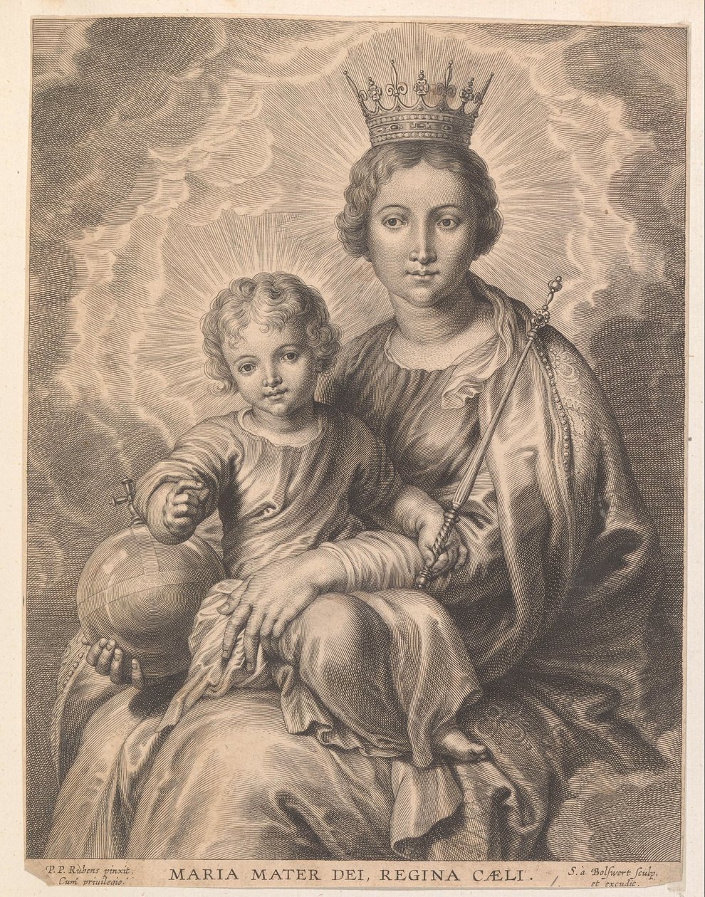 Mary med barn og jordklode Maria mater dei, regina caeli (titel på objekt) af Schelte Adamsz. Bolswert
