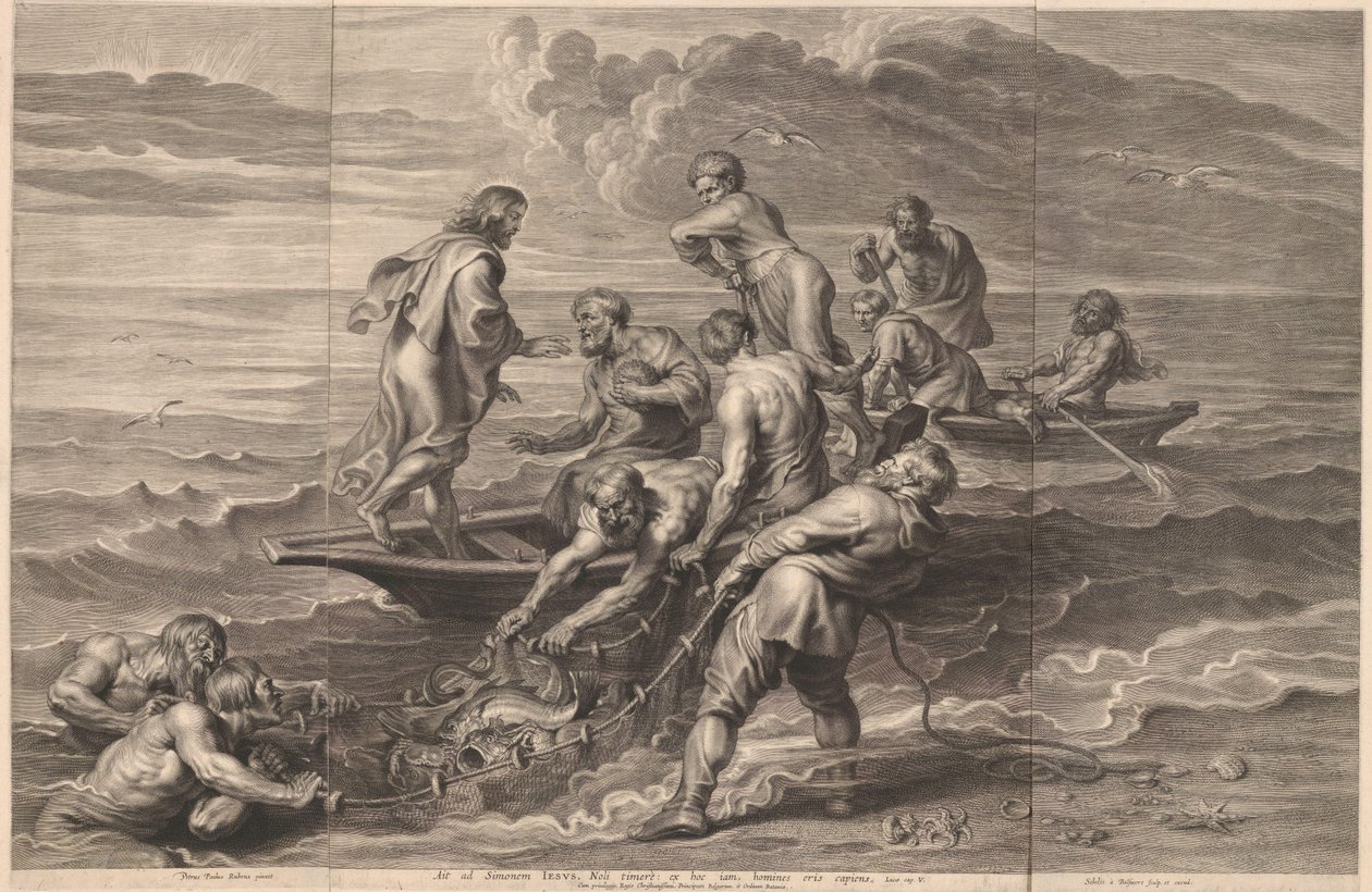 Wonderbare visvangst Jesus sagde til Simon, vær ikke bange: fra nu af skal du fange folk (titel på objekt) af Schelte Adamsz. Bolswert