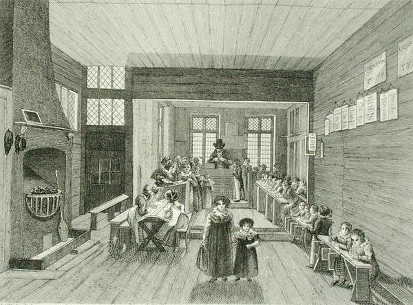 Indvendigt billede af skolen forbundet med John Bunyans Meeting House i Zoar Street, Southwark, indgraveret af Dale, 1822 (se også 192751) af Schnibbelee after Schnibbelee after