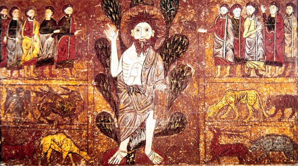 Johannes Døberen prædiker i ørkenen og omgivet af vilde dyr, fra alterfronten i Gesera, 1200-tallet af School of Aragon