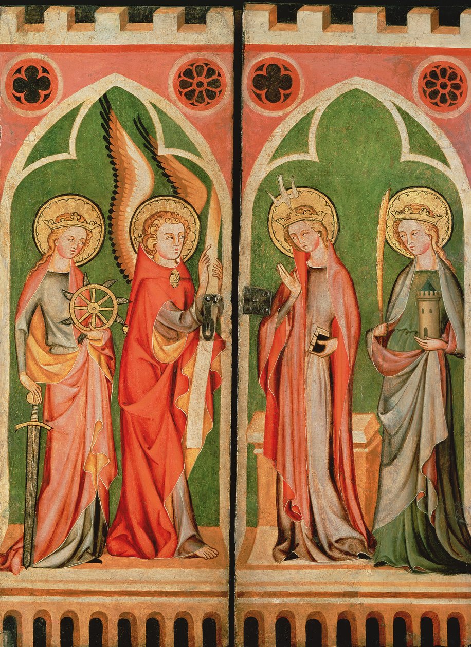 Bebudelse med S.S. Barbara og Katherine, 1310-40 af School of Cologne