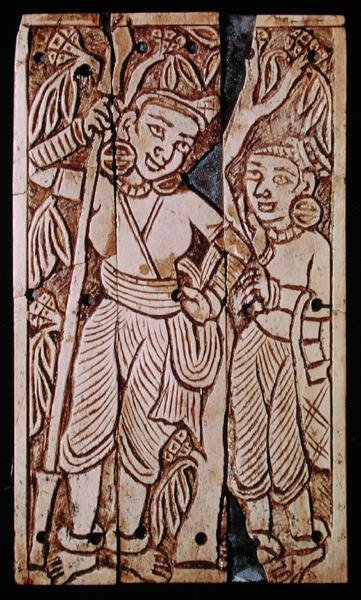 Relief, der forestiller to kvinder under et asoka-træ, fra Begram, 2.-3. århundrede e.Kr. (elfenben) af School Afghan