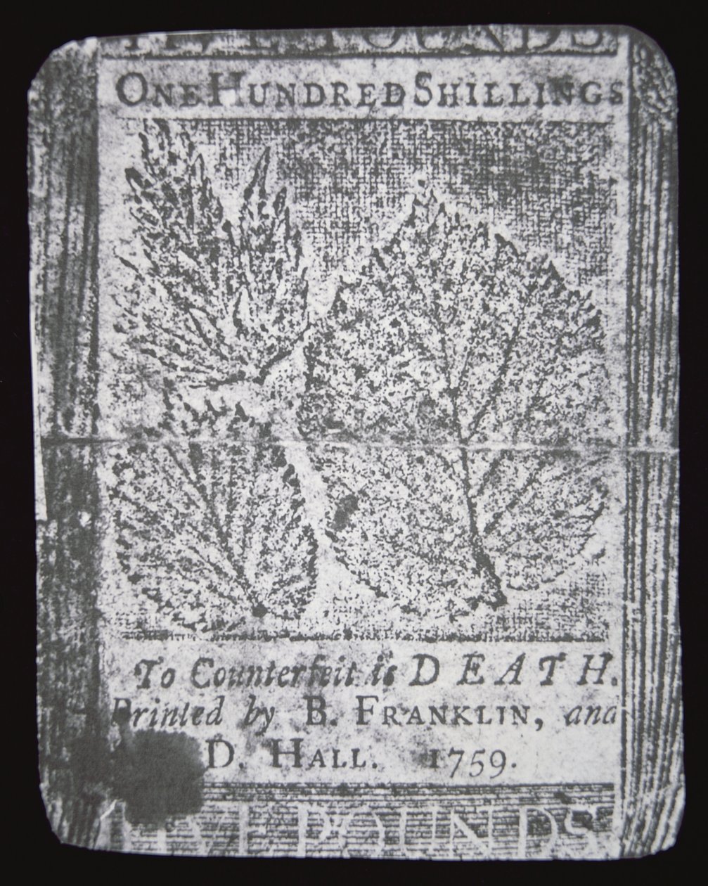 En 100 shilling-seddel designet og trykt af Benjamin Franklin i 1759 (litografi) af School American