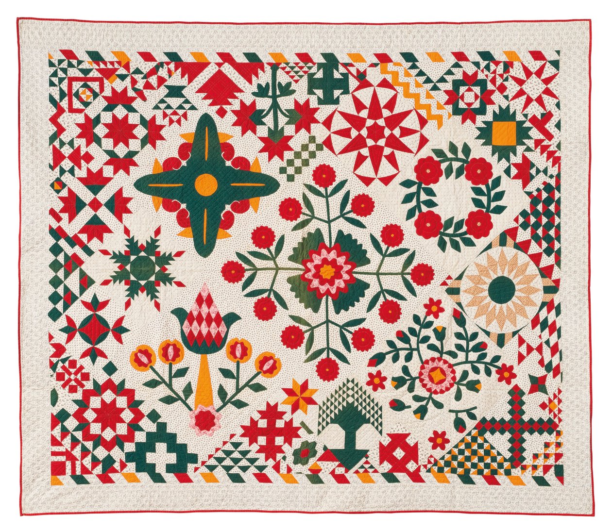 En quilt med blomsterapplikationer, muligvis fra Pennsylvania af School American